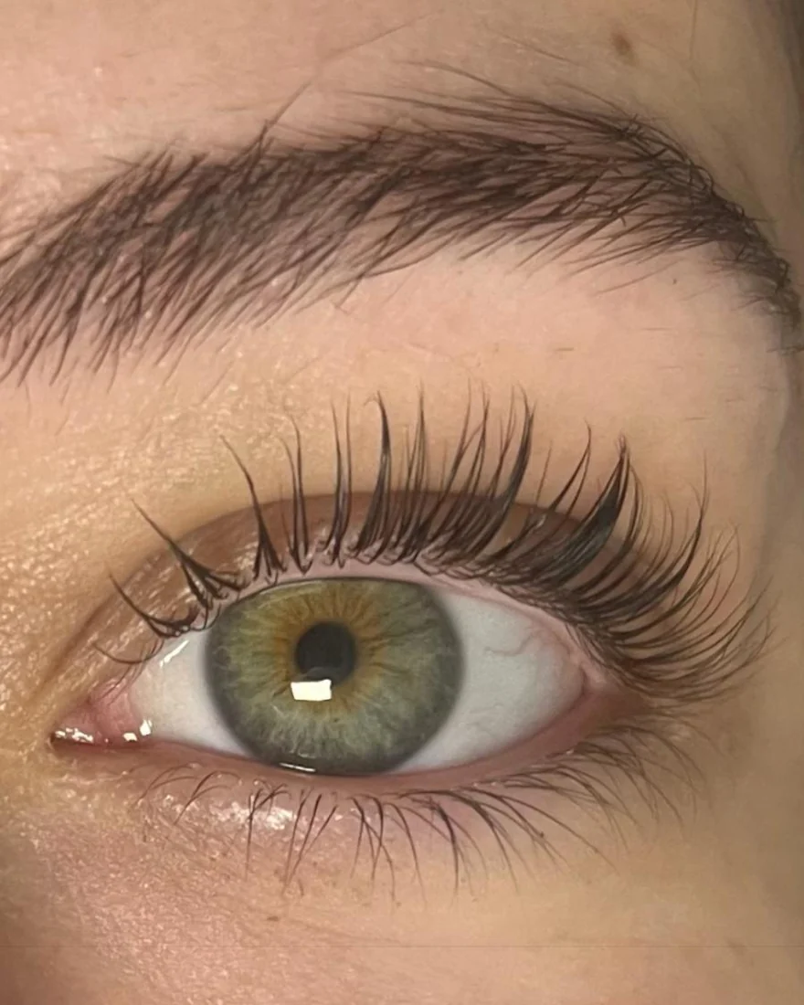 Close-up of a lash lift and shaped brow by Mariah Elise Esthetics